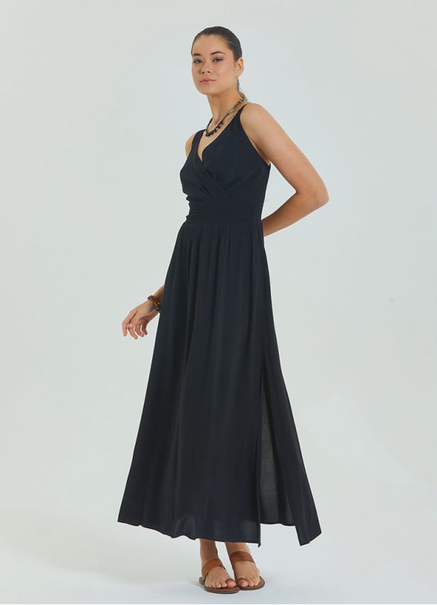 V Neck Double Breasted Black Long Dress 4560